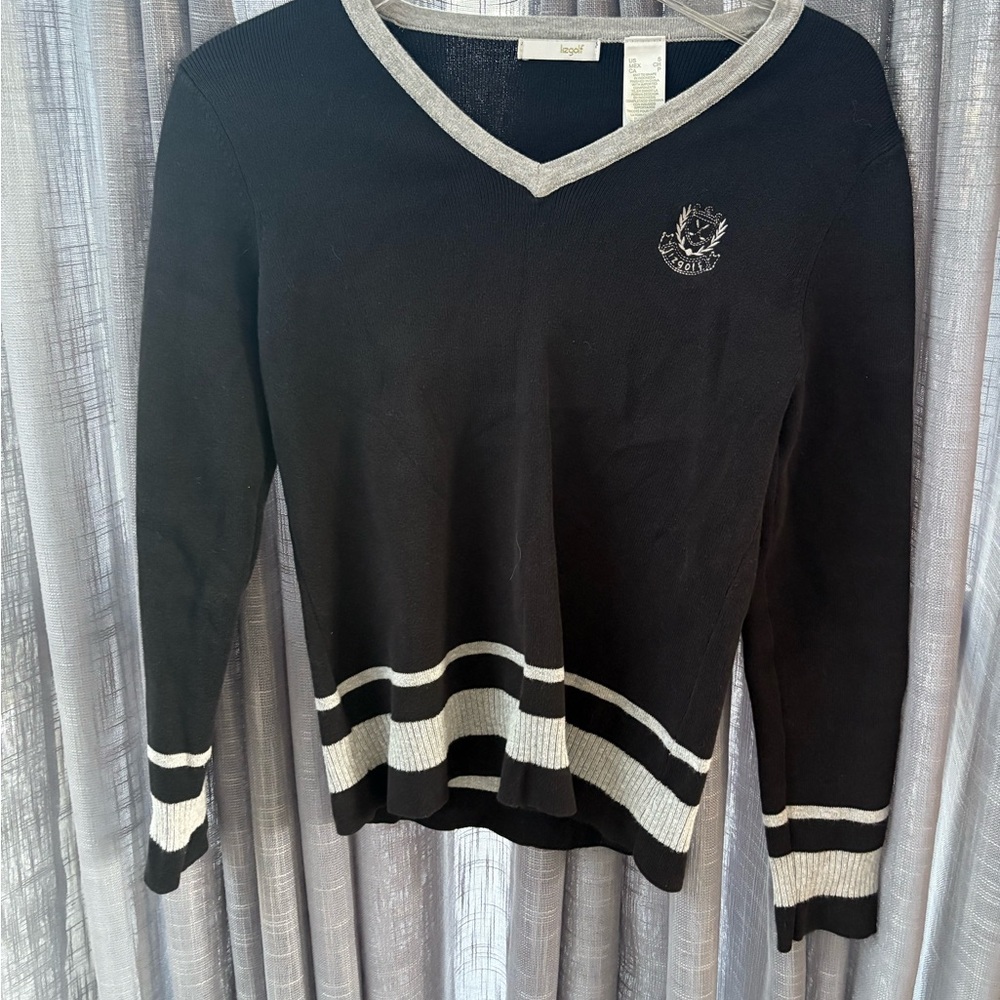 Black Gray V-Neck S Sweater by lizgolf golf emblem knit shirt classic VTG top